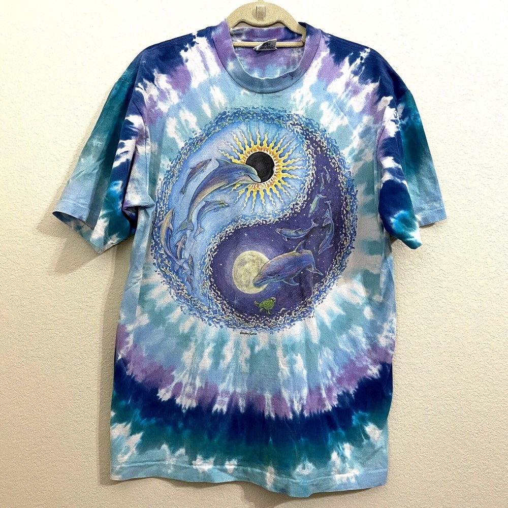 Vintage Jerry Jasper Shirt Size L Yinyang Dolphin Tie Dye 1993 Single Stitch